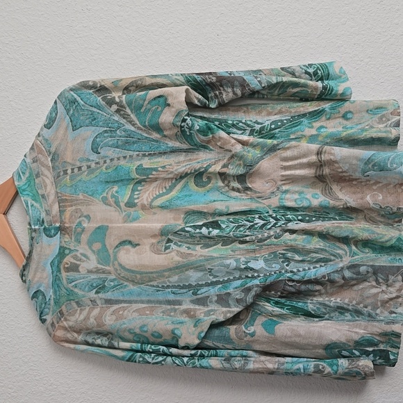 Chico's Green and Cream Open Front Lightweight Cardigan Office Business Casual - Picture 3 of 6